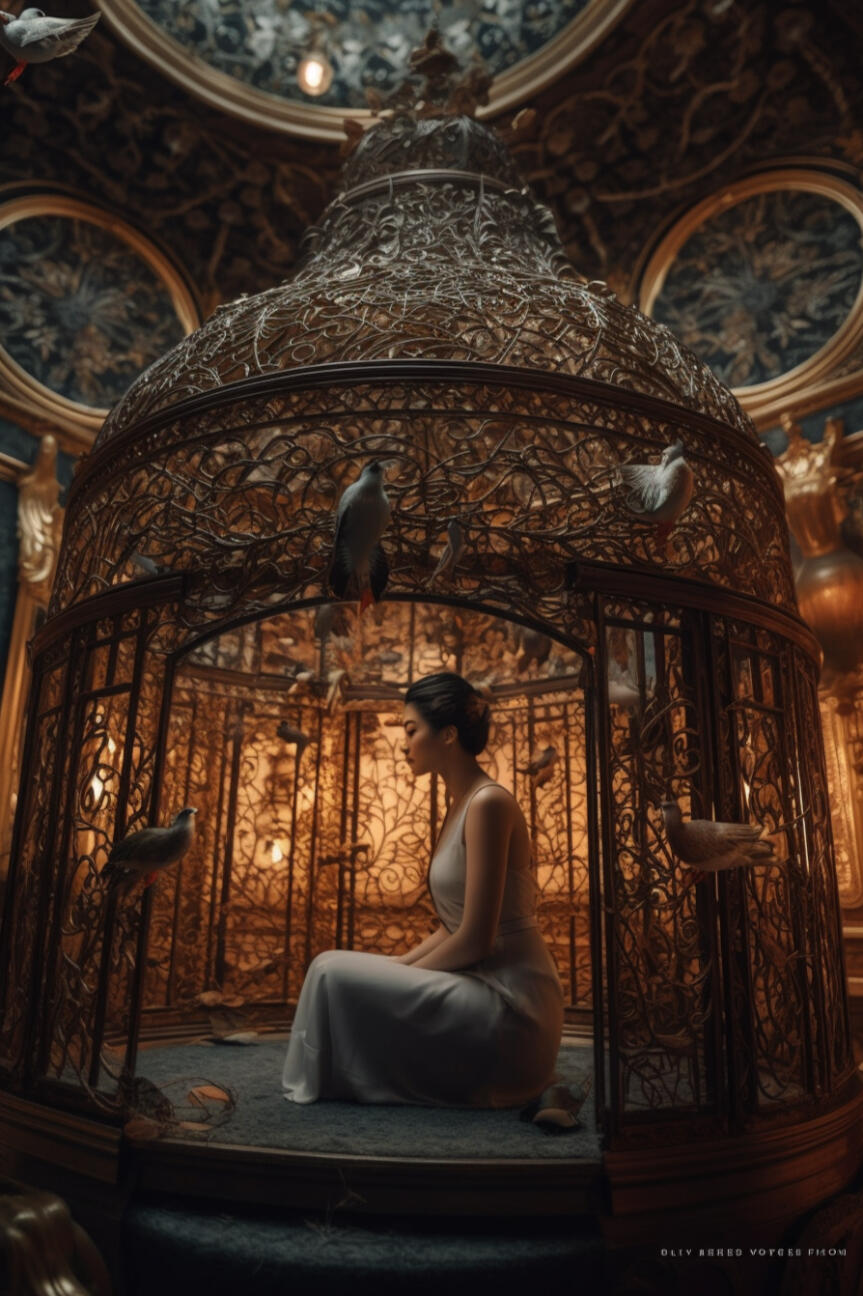 Woman inside a birdcage - ready to leave the cage, fly, and sing - if you're an HSP, introvert or empath ready to spread your wings and fulfill a greater purpose, this beta program is for you - hosted by Susan Eckert MA, CH - self-mastery & mindset coach